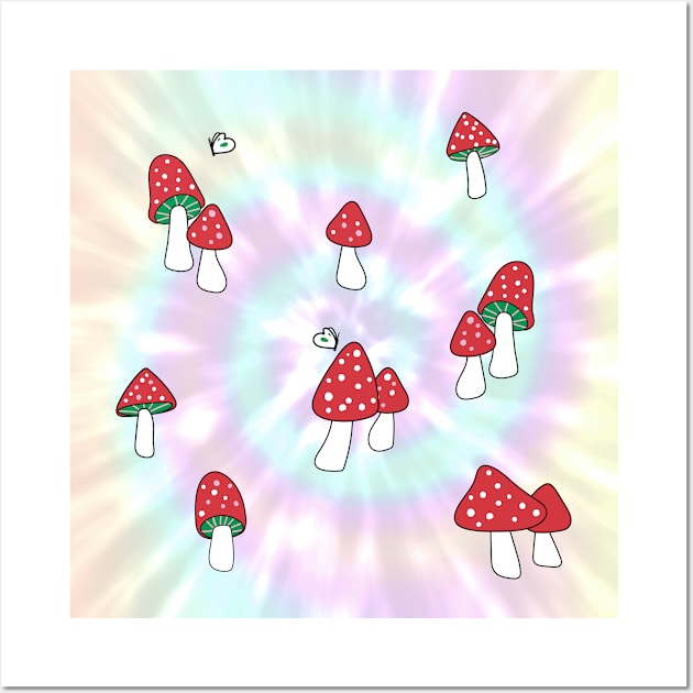 Aesthetic Red Hatted Mushrooms and Butterflies on a Rainbow Pastel Tie Dye Background Wall Art by YourGoods